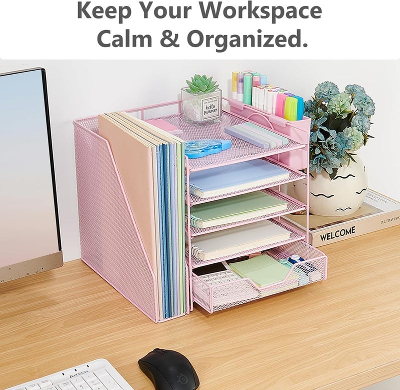 Gugsey Desk Organizer, 5-Tier Paper Letter Tray Organizer with File Holder, Drawer and Pen Holder, Desktop Organizer for Office Supplies, Pink - Image 5